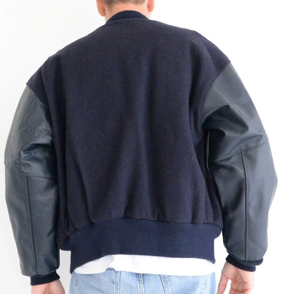VTG Reed Sportswear Navy 100% Wool And Leather Detroit Police Supporter Jacket L - Picture 3 of 15